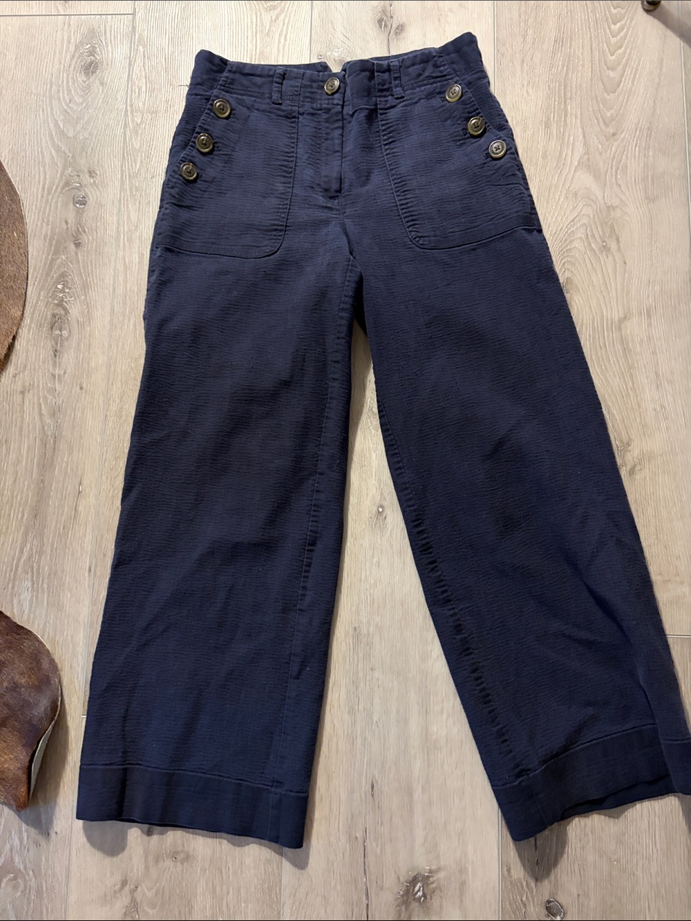 LOFT Navy Blue Zip Front Textured Sailor Pants with Pockets